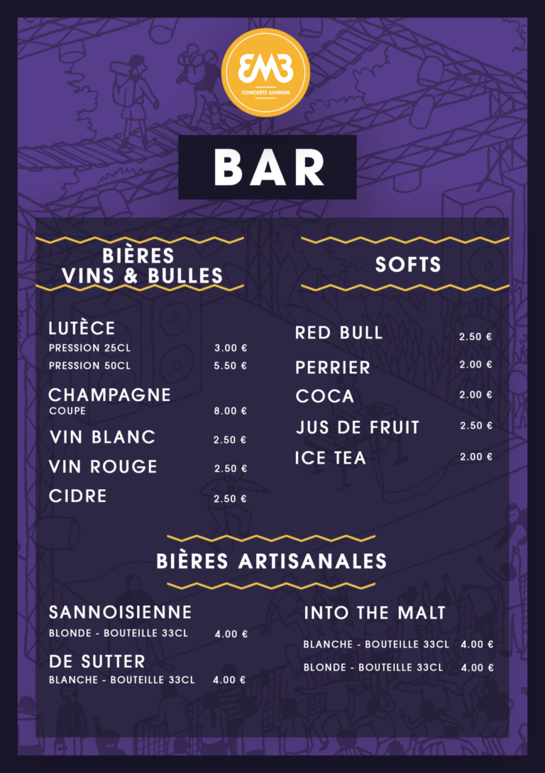 A la carte du bar EMB Sannois